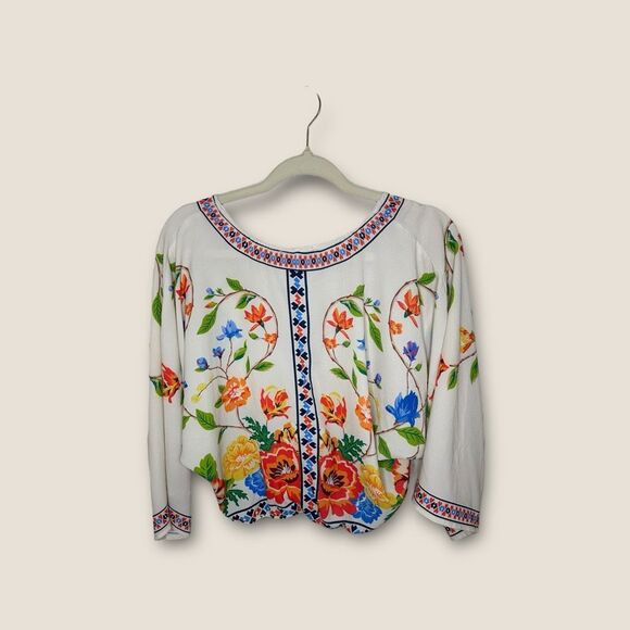 Flying Tomato Kimono Wrap Top Size Small BohoCream Red Floral Crop Wide Sleeves - Picture 2 of 4